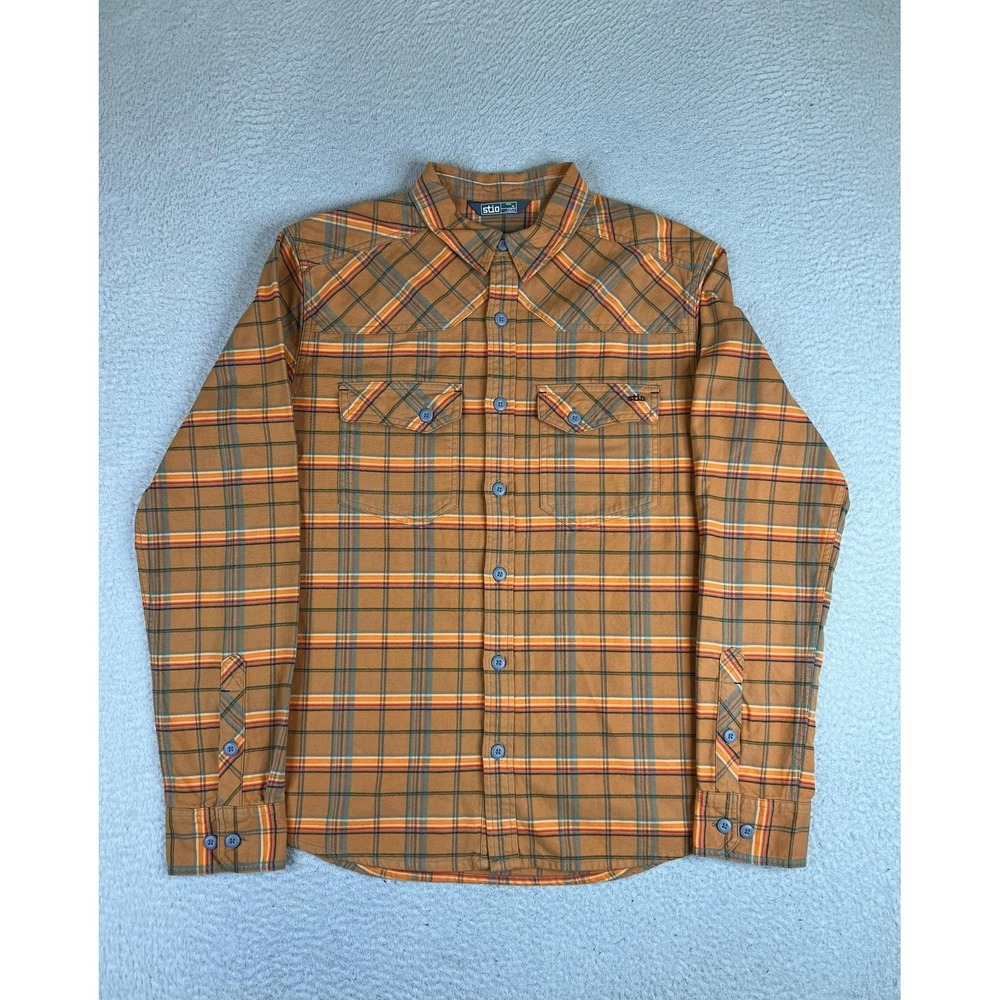 Stio Shirt Men's Medium Orange Junction Midweight Flannel Plaid LS Button Up